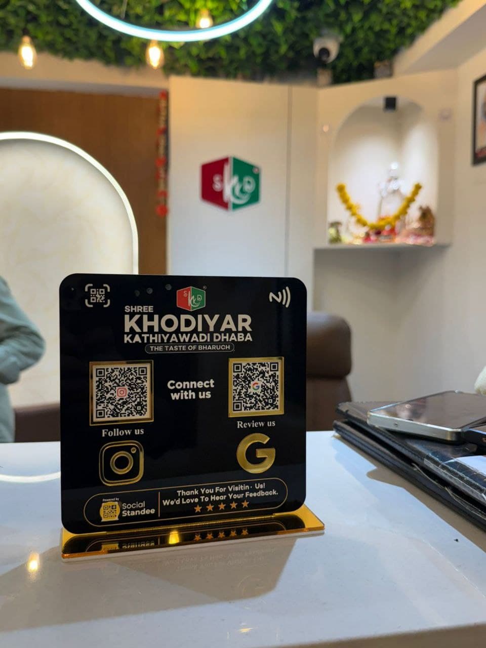 Custom Google review standee at Khodiyar Dhaba restaurant in Ahmedabad